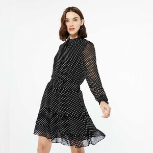 New Look Curves - Black Chiffon Spot Shirred Ruffle Mini Dress